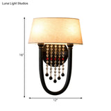 Drum Wall Sconce: Lodge Style Fabric Lamp With Crystal Bead Detail 2 Bulbs And U-Shaped Arm In Black