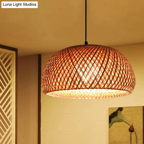 Dual Dome Bamboo Hanging Light - 12/15 Wide Pendant Lamp Beige Shade Asian-Inspired Parlor Lighting