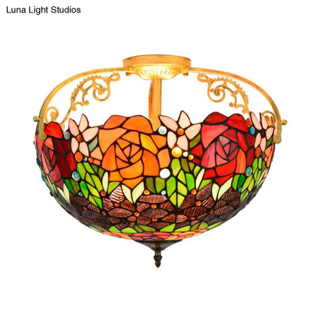 Elegant Mediterranean Cut Glass Rose Semi Flush Lighting - 3 - Light Beige/Pink/Orange Ceiling