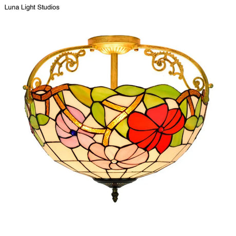 Elegant Mediterranean Cut Glass Rose Semi Flush Lighting - 3 - Light Beige/Pink/Orange Ceiling