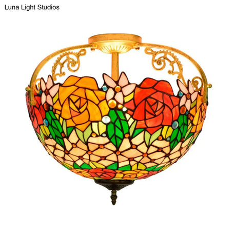 Elegant Mediterranean Cut Glass Rose Semi Flush Lighting - 3 - Light Beige/Pink/Orange Ceiling