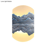 Elegant Oval Corridor Mountain Wall Mural Led Oriental Style Light Fixture In Silver/Brown