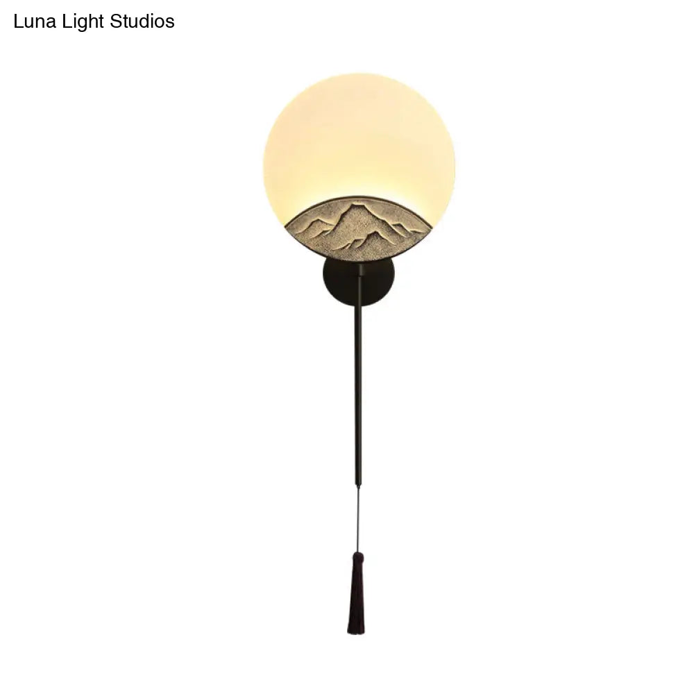 Elegant Oval Corridor Mountain Wall Mural Led Oriental Style Light Fixture In Silver/Brown
