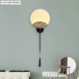 Elegant Oval Corridor Mountain Wall Mural Led Oriental Style Light Fixture In Silver/Brown