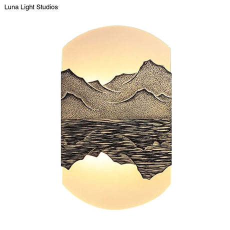 Elegant Oval Corridor Mountain Wall Mural Led Oriental Style Light Fixture In Silver/Brown