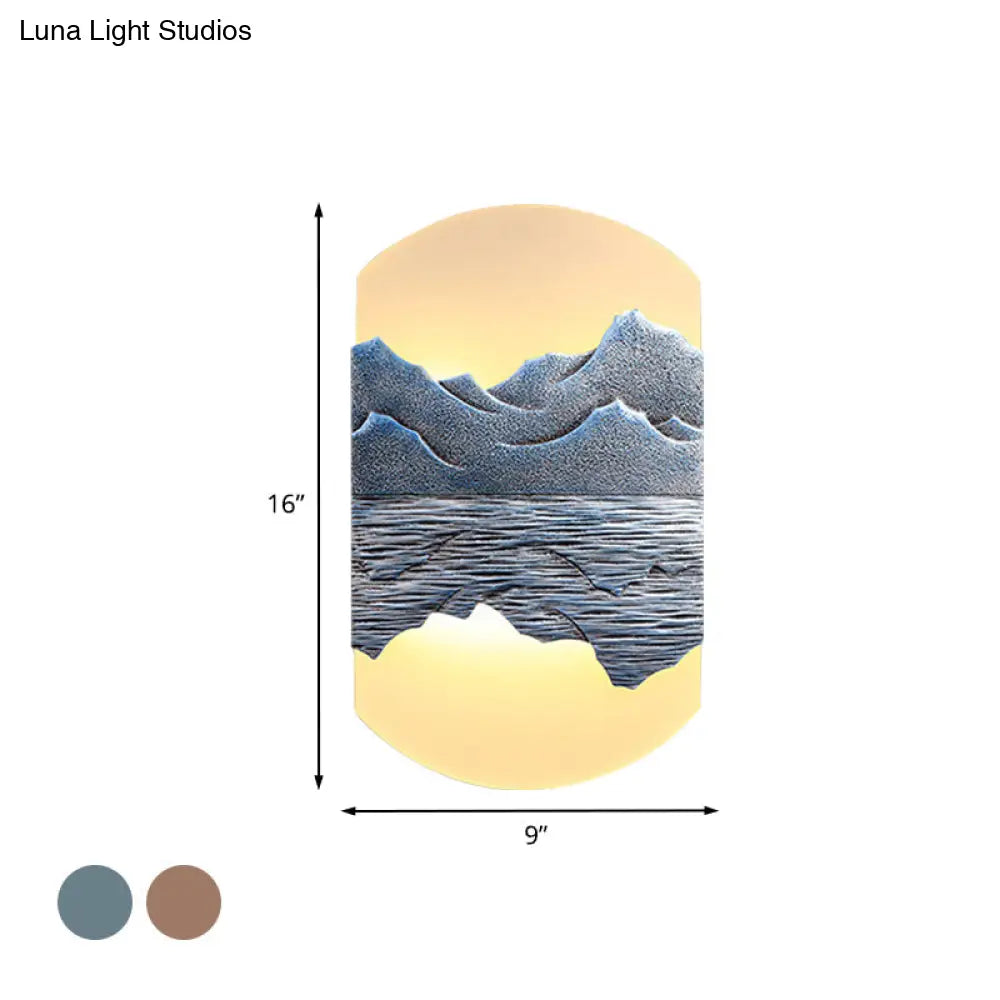 Elegant Oval Corridor Mountain Wall Mural Led Oriental Style Light Fixture In Silver/Brown