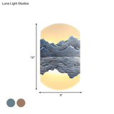 Elegant Oval Corridor Mountain Wall Mural Led Oriental Style Light Fixture In Silver/Brown