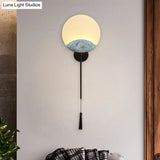 Elegant Oval Corridor Mountain Wall Mural Led Oriental Style Light Fixture In Silver/Brown