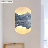 Elegant Oval Corridor Mountain Wall Mural Led Oriental Style Light Fixture In Silver/Brown
