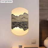 Elegant Oval Corridor Mountain Wall Mural Led Oriental Style Light Fixture In Silver/Brown