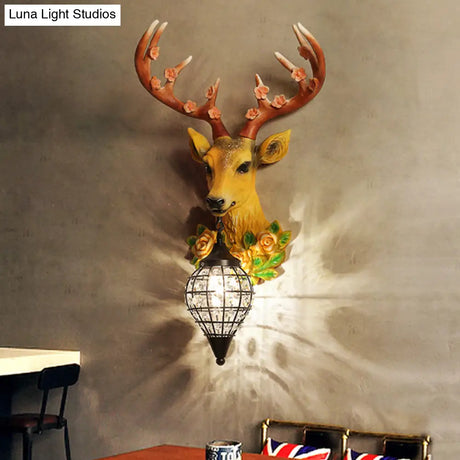 Elk Head Farmhouse Sconce: 1-Light Black & White Resin Wall Lamp With Flower Detail And Raindrop