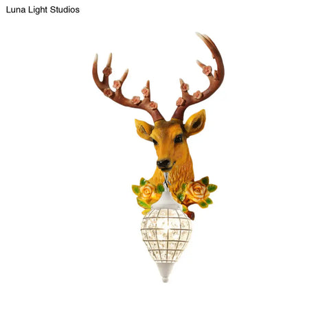 Elk Head Farmhouse Sconce: 1-Light Black & White Resin Wall Lamp With Flower Detail And Raindrop