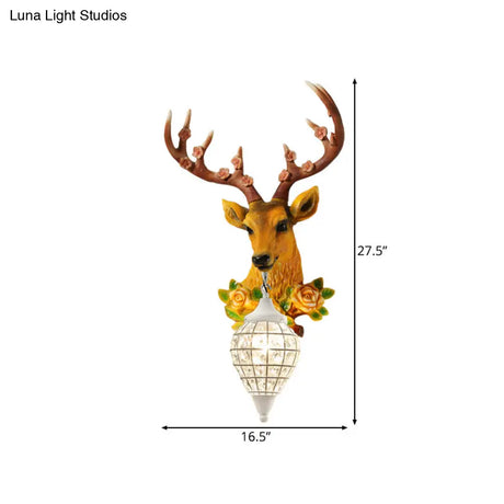 Elk Head Farmhouse Sconce: 1-Light Black & White Resin Wall Lamp With Flower Detail And Raindrop