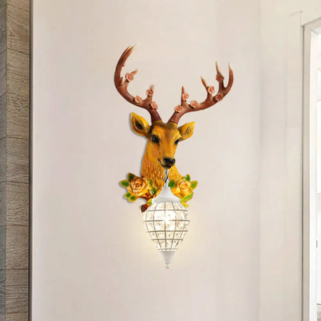 Elk Head Farmhouse Sconce: 1-Light Black & White Resin Wall Lamp With Flower Detail And Raindrop