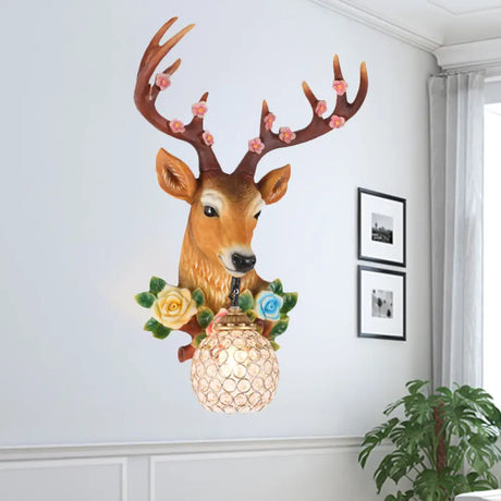 Elk Head Wall Sconce With Crystal Globe Shade Rustic White/Wood Finish And Flower Designs