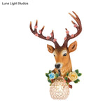 Elk Head Wall Sconce With Crystal Globe Shade Rustic White/Wood Finish And Flower Designs