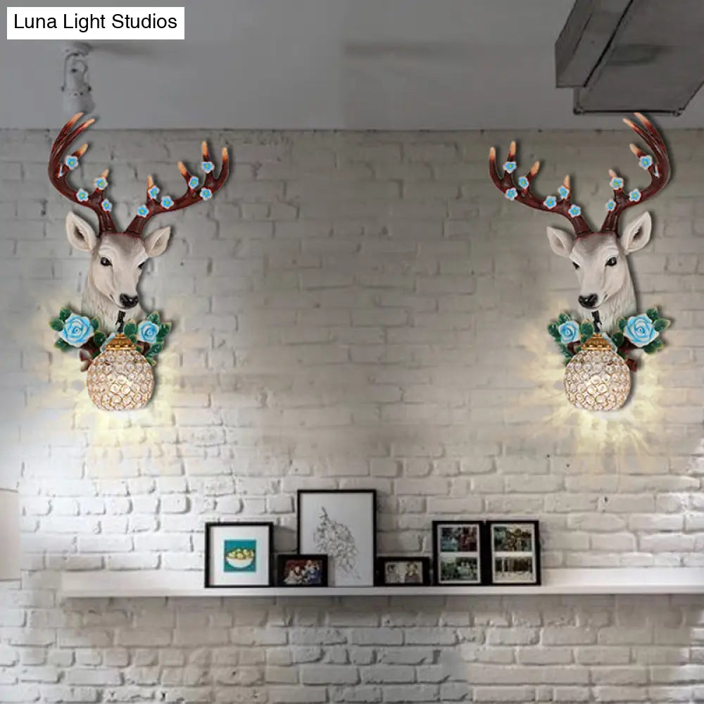 Elk Head Wall Sconce With Crystal Globe Shade Rustic White/Wood Finish And Flower Designs