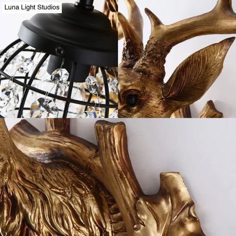 Ellipsoid Crystal Sconce With Gold Antler Backplate - Living Room Wall Mount Lighting For Farmhouse