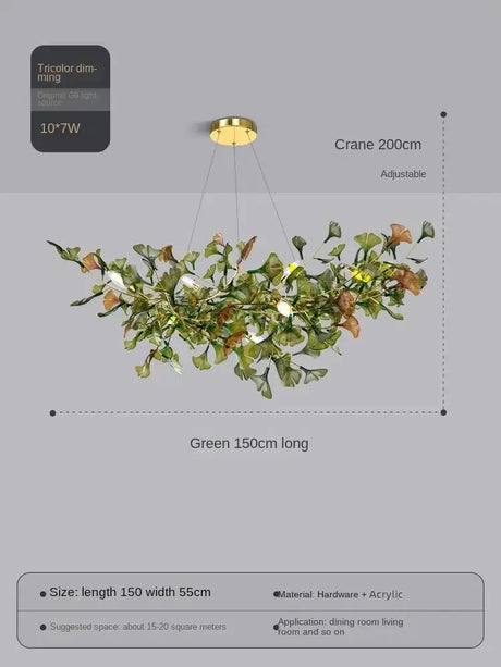 Elysian Ginkgo Glass Pendant Chandelier – Modern Luxury Lighting L150cm Green Brown / Warm light 3000K
