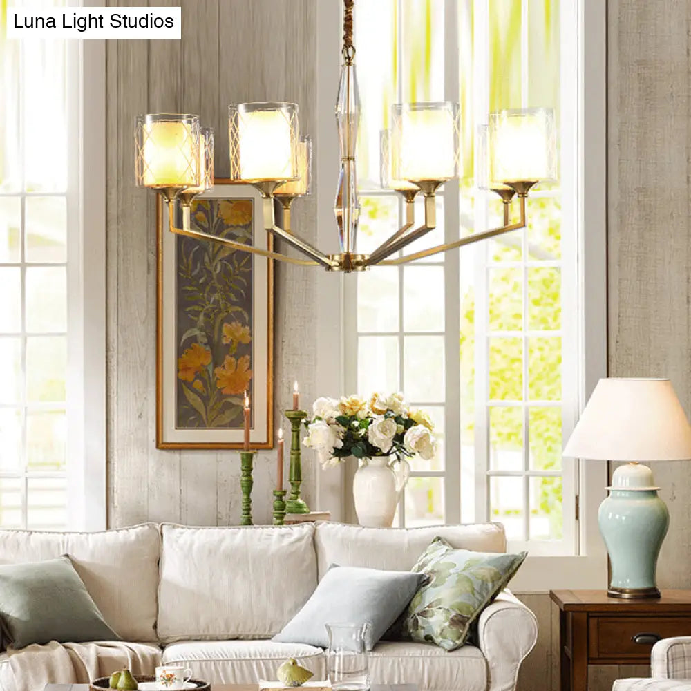 Emanuela - Elegant Grid Cylinder Shade Chandelier Style Metallic Ceiling Pendant In Gold For Study