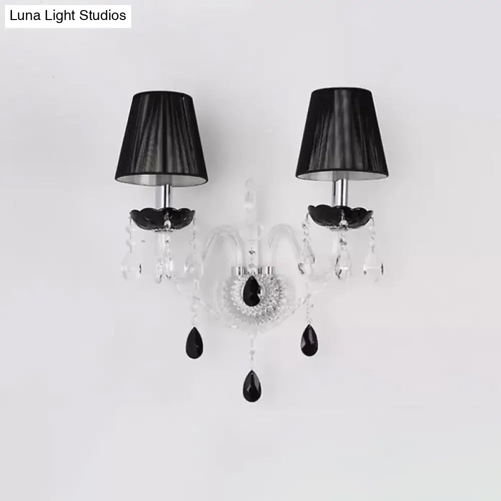 European Black Crystal Wall Mount Sconce Light With Pleated Linen Shades