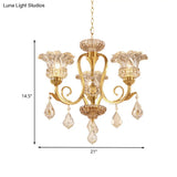European Draping Crystal Ball Chandelier - Gold Floral Shade Pendant Lamp With 3 Lights