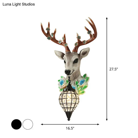 Faceted Crystal Sphere Wall Sconce Light - Black/White 1-Head Lamp With Elk Decor In Grey/Yellow
