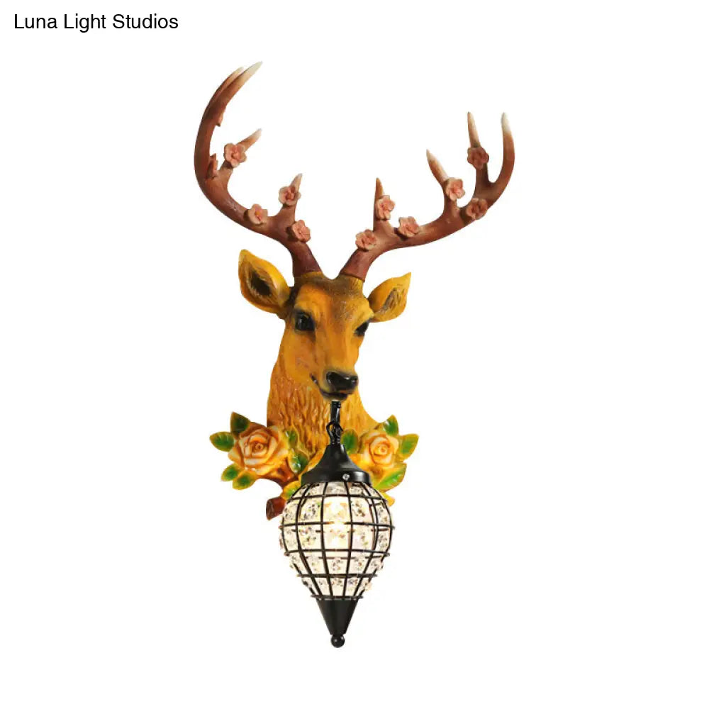 Faceted Crystal Sphere Wall Sconce Light - Black/White 1-Head Lamp With Elk Decor In Grey/Yellow