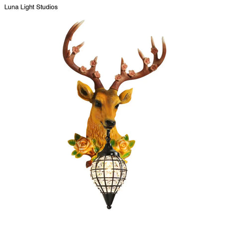 Faceted Crystal Sphere Wall Sconce Light - Black/White 1-Head Lamp With Elk Decor In Grey/Yellow