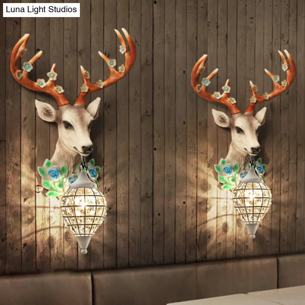Faceted Crystal Sphere Wall Sconce Light - Black/White 1-Head Lamp With Elk Decor In Grey/Yellow