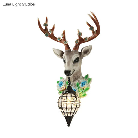 Faceted Crystal Sphere Wall Sconce Light - Black/White 1-Head Lamp With Elk Decor In Grey/Yellow