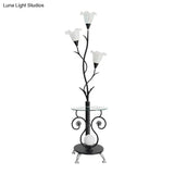 Faceted Glass Floor Lamp With Countryside Black/White Floral Shade - 3 Lights Ideal For Living Rooms