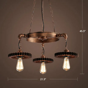 Factory Style Iron Suspension Chandelier With Bronze Finish & Gear Wheel Deco – Bare Bulb