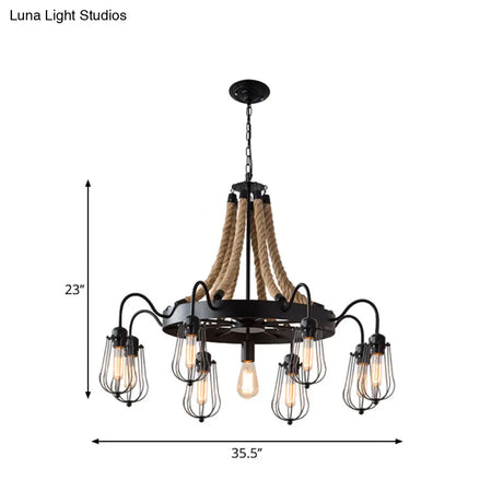Farm Style Wheel Design Rope Chandelier With Bulb Cage - Black Metallic Pendant Light Fixture (9/13