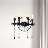 Farmhouse 4-Light Wheel Metal Wall Sconce In Black With Chain