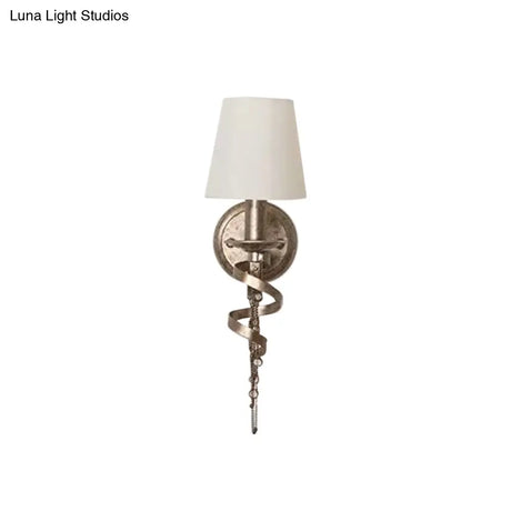 Farmhouse Barrel Fabric Wall Sconce With Crystal Chain Deco And Spiral Design - White