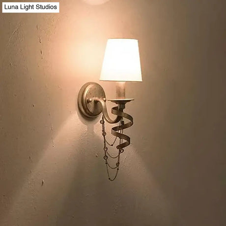 Farmhouse Barrel Fabric Wall Sconce With Crystal Chain Deco And Spiral Design - White