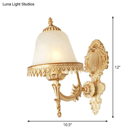 Farmhouse Beige Bell Wall Lamp With Opal Glass And Carved Trim - Perfect Bedroom Sconce