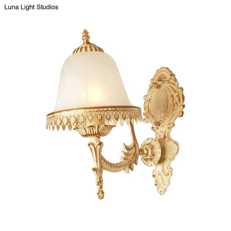 Farmhouse Beige Bell Wall Lamp With Opal Glass And Carved Trim - Perfect Bedroom Sconce
