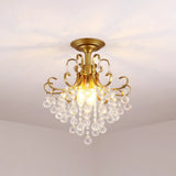 Farmhouse Bent Arm Frame Ceiling Light With Crystal Droplet - 3-Light Metal Semi Flush Mount Gold /