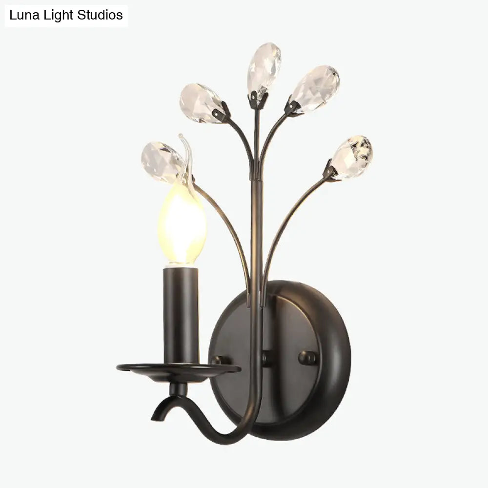 Farmhouse Black Metal Wall Light - Single-Bulb Candle Sconce With Crystal Twig Accents