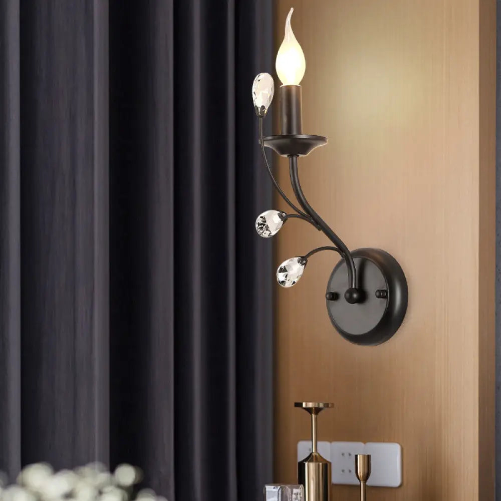 Farmhouse Black Metal Wall Light - Single-Bulb Candle Sconce With Crystal Twig Accents / B
