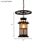 Farmhouse Black Single Light Pendant Ceiling With Clear Glass Cylinder And Iron Wheel Fixture