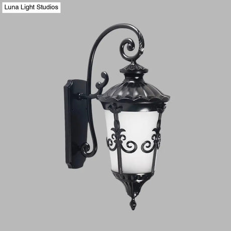 Farmhouse Black Wall Mounted Lamp With White Frosted Glass Urn Sconce - 1 Light Balcony