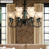 Farmhouse Blossom Up Chandelier - 3/8/12 Frosted Ribbed Glass Ceiling Hang Lights In Blackish Green