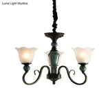 Farmhouse Blossom Up Chandelier - 3/8/12 Frosted Ribbed Glass Ceiling Hang Lights In Blackish Green