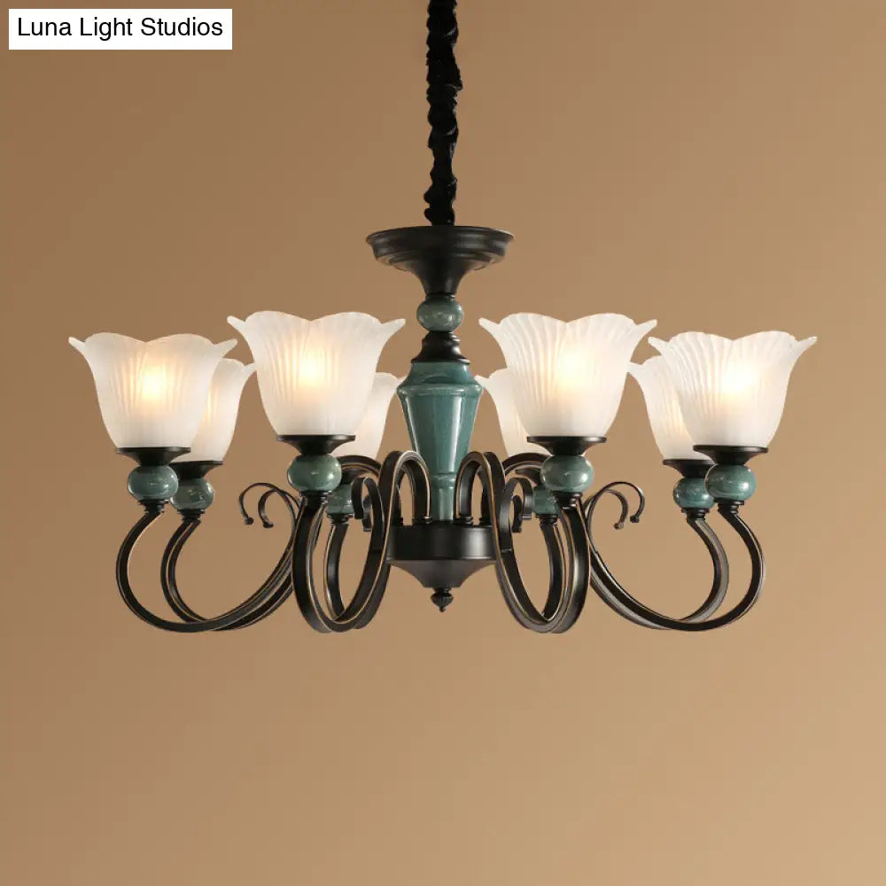 Farmhouse Blossom Up Chandelier - 3/8/12 Frosted Ribbed Glass Ceiling Hang Lights In Blackish Green