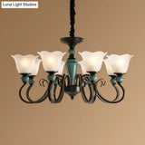 Farmhouse Blossom Up Chandelier - 3/8/12 Frosted Ribbed Glass Ceiling Hang Lights In Blackish Green