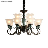 Farmhouse Blossom Up Chandelier - 3/8/12 Frosted Ribbed Glass Ceiling Hang Lights In Blackish Green