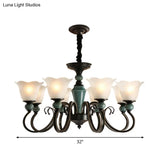 Farmhouse Blossom Up Chandelier - 3/8/12 Frosted Ribbed Glass Ceiling Hang Lights In Blackish Green